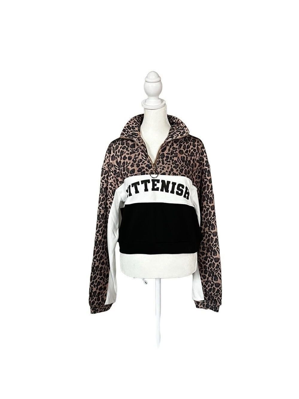Kittenish by Jessie James Leopard Print Cropped 1/4 Zip Pullover Size Small